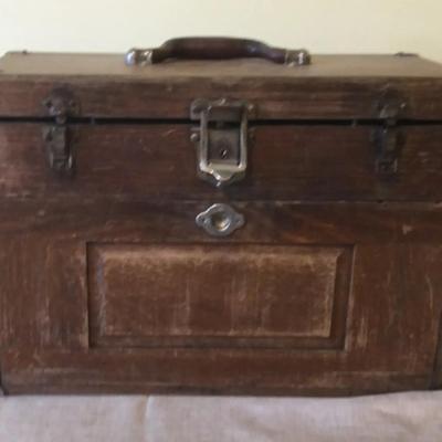 Antique Wooden Tool Box With Tools