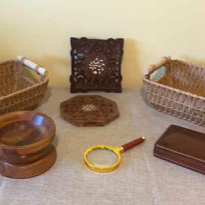 (2) Vintag Wicker Baskets, (2) Vintage Wooden Trivets  And More