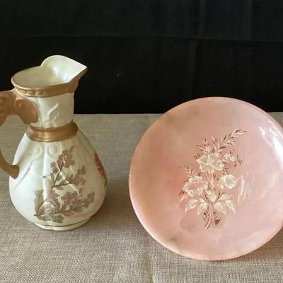 1940s Vintage Golden Elephant Handle Pitcher by Andrea Sade And Pink Alabaster Pedestal Bowl 