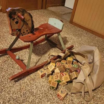 Vintage Rocking Horse & Wooden Toy Blocks