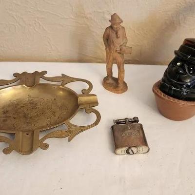 Small Carved Hobo Man, Vintage Avon After Shave Pipe Dream, Brass Tray, Vintage Lighter
