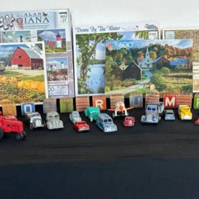 Rs127 puzzles vintage blocks, cars, and trucks