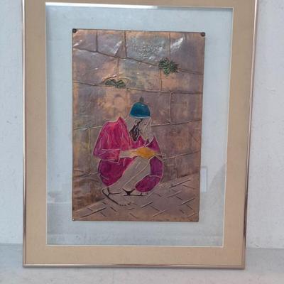 Rare Unusal Signed Framed Hand Painted/Stained Metalwork Piece - 20" x 25½"