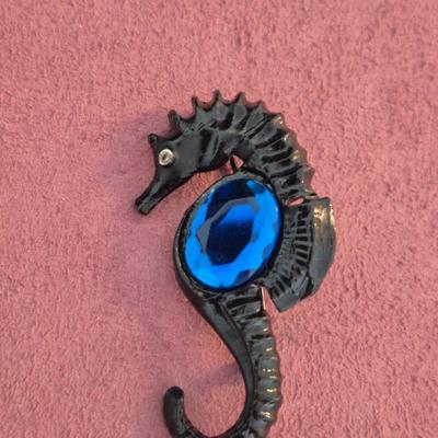 Vintage Black with Blue & White Rhinestone Seahorse Brooch