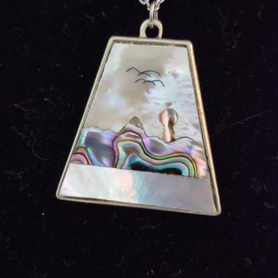 Vintage Genuine Abalone Pendant on Silver Tone 18" Spring Ring Clasp Chain - TW 7.6g