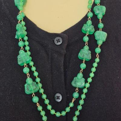 Vintage Green Bead & Buddha 52" Necklace