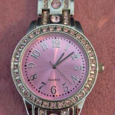 Vintage Y2K Chunky Pink Rhinestone Silver Tone Watch with Pink Face