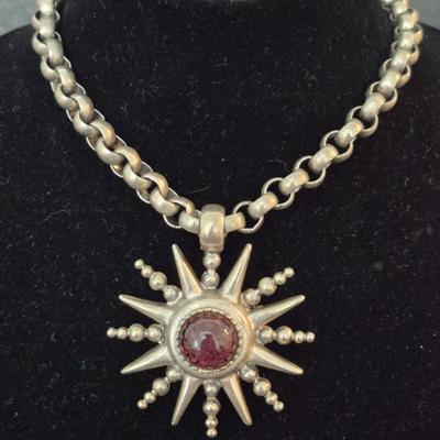 Vintage Gerard Yosca Sun with Red Lodolite (Garden Quartz) Cabochon Statement Necklace