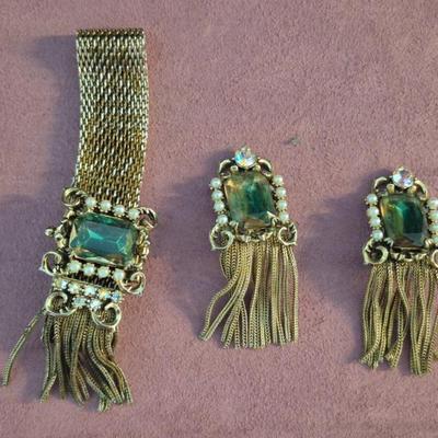 Vintage (Possibly Antique) Watermelon Crystal Quartz Tasseled Slide Bracelet & Clip-On Earring Set