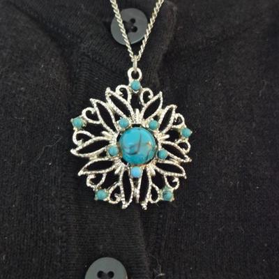 Vintage Native American Turquoise Sunburst Pendant on 18" Spring Ring Clasp Chain