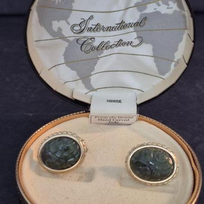 Vintage Swank International Collection Hand Carved Genuine Jade Lotus Blossom Cufflinks
