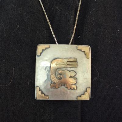 Vintage Sterling Inca Brooch/Pendant with (Possibly 18k) Gold Accents on Sterling 20" Spring Ring Clasp Chain - TW 8.3g