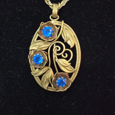 Vintage (Possibly Antique) Art Nouveau Czech Brass & Blue Glass Rhinestone Pendant on 30" Lobster Claw Clasp Chain