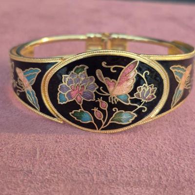Vintage Golden Cloisonné Inlay Bangle Bracelet - Floral & Butterfly Design