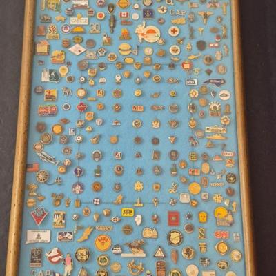 Vintage Lapel Pin Display with Lots of Pins - 22" x 15" - Display Included