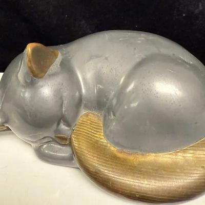 Vintage Two Tone Metal Sleeping Cat Figurine 