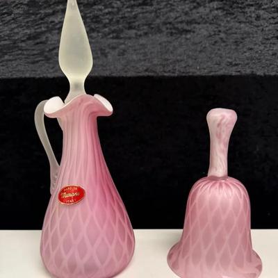 Vintage Pink Satin Glass Diamond Optic Pattern Cruet w/ Stopper and Bell