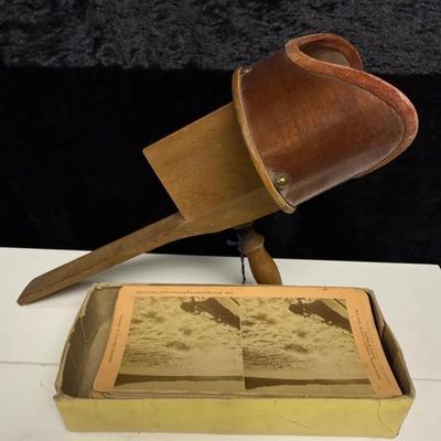Antique Early 20th Century Wood Tin Stereoscope Viewer with Stereoview Cards