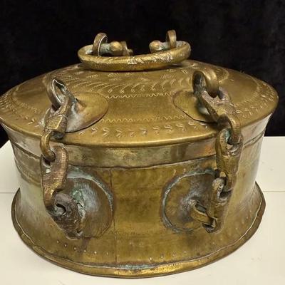 Vintage 8" Copper Brass Hammered Bronze Round India Chapati Roti Bread Case Box
