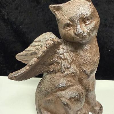 Cast Iron Angel Cat | Kitten Memorial Antique Metal Home Garden Ornament Decor