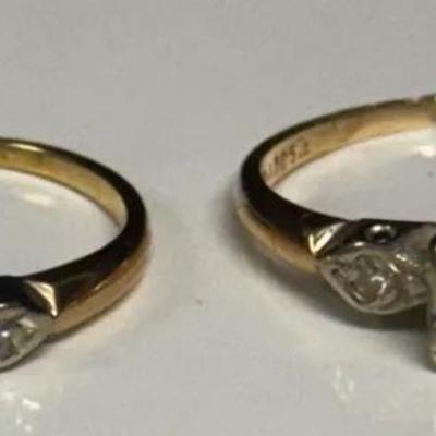 mid-century two-tone diamond engagement ring. The ring on the left features three small diamonds, wh