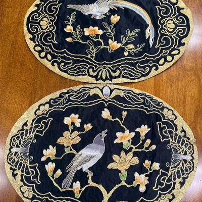 2 Chinese Silk Embroidered Placemats 