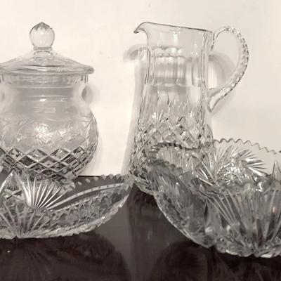 Antique Brilliant Cut Glass Bowls And Pressed Glass Pitcher And Lidded Jar