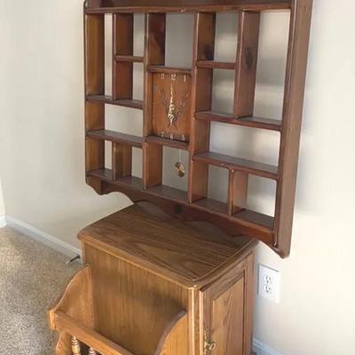 Oak End Table Wirh Vintage Pine Shelving Units 