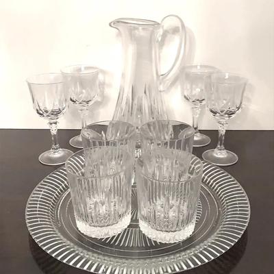 “Marquis” By Waterford Crystal Highballs And Pitcher Plus Four Pressed Glass Wines And Tray