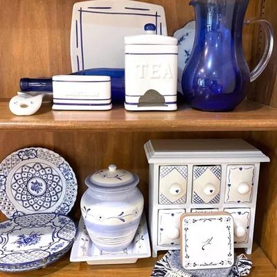 Blue And White Decorative Plates, Candle Drawers, Pitcher And Decor