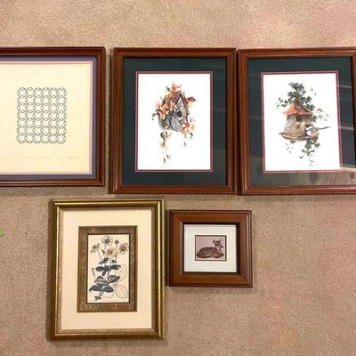 Three Framed Prints With Vintage Botanical Print And Embossed Paper Art