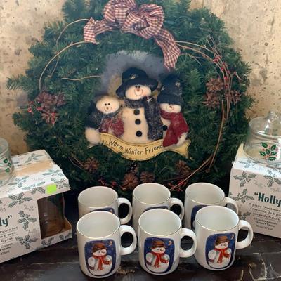 Christmas Mugs, “Holly” Glassware And Snowmen Wreath