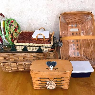 Longaberger Basket And Potholders With Pyrex Bakeware And Wicker Carriers