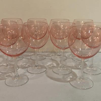 Set Of Ten Pale Pink And Clear Crystal Wine Goblets
