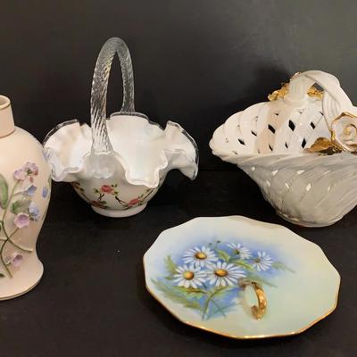 Italian Woven Basket, Signed Fenton Floral Glass Basket, Hand Painted Floral Dish And Floral Vase