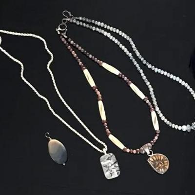 Beaded Sterling Silver Semiprecious Stone Pendant Necklaces with Ammonite and Adventurine