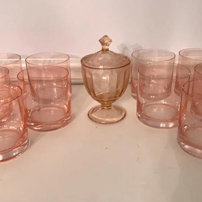 Set Of Ten Pink Highball Glasses And An Etched Pink Lidded Dish