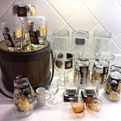 MCM CeraGold Coin Barware, Disarrono Square Footed Glasses With Ice Bucket