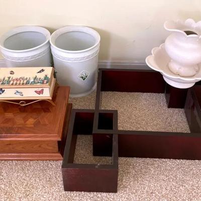 Wall Shelf With Planters And Parquet Box With Costume Seed And Shell Necklaces 