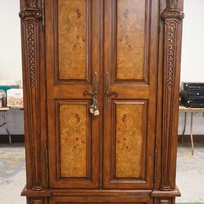 1197	DOUBLE DOOR WOOD CABINET WITH LOWER DRAWER, BURL WOOD FINISHED SIDE, DRAWER AND DOOR FRONTS AND CARVED HALF COLUMN SIDES,...