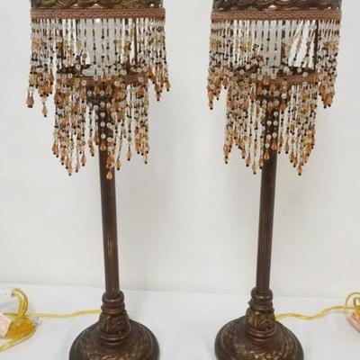 1178	PAIR OF BED SIDE LAMPS WITH 2 TIER HANGING BEADED FRINGE, EACH APPROXIMATELY 24 IN H
