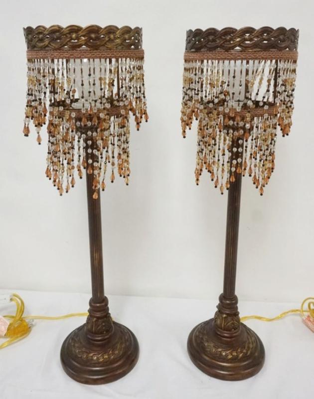 Sale Photo Thumbnail #179: 1178	PAIR OF BED SIDE LAMPS WITH 2 TIER HANGING BEADED FRINGE, EACH APPROXIMATELY 24 IN H
