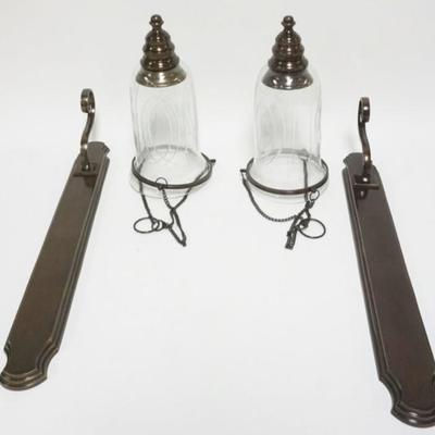 1164	PAIR OF BRASS WALL CANDLE SCONCES WITH GLASS HURRICANE SHADES, EACH APPROXIMATELY 21 IN H
