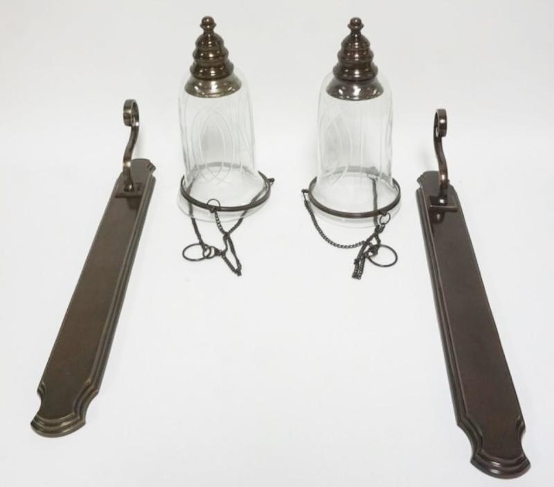 Sale Photo Thumbnail #164: 1164	PAIR OF BRASS WALL CANDLE SCONCES WITH GLASS HURRICANE SHADES, EACH APPROXIMATELY 21 IN H
