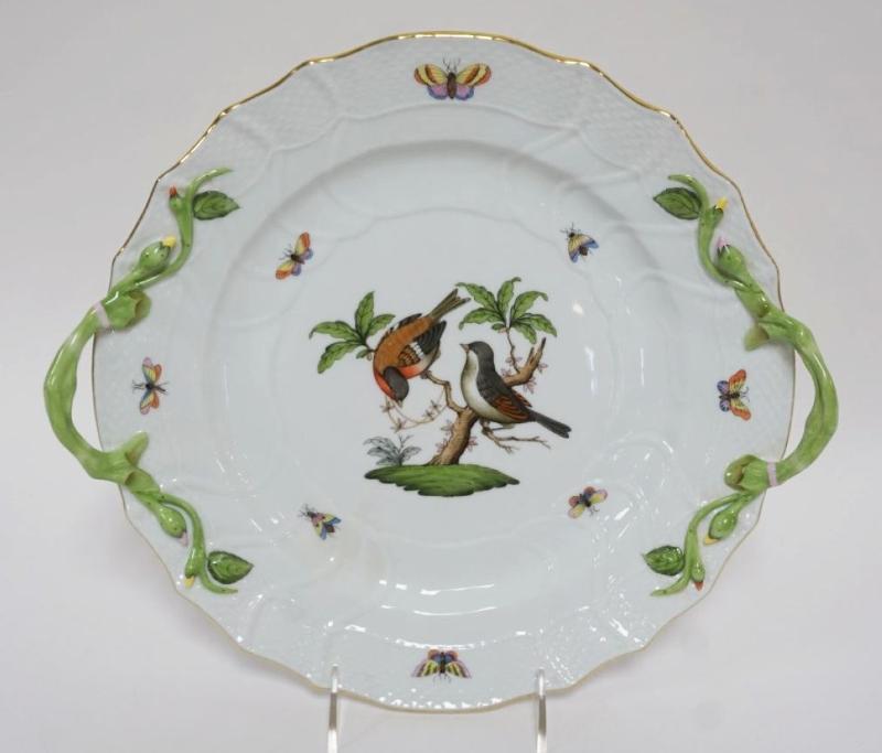 Sale Photo Thumbnail #39: 1039	HAND PAINTED HEREND DOUBLED HANLED TRAY W/IMAGES OF BIRDS, BUTTERFLIES, FLIES, APPROXIMATELY 13 IN
