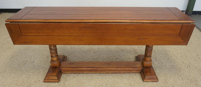 Sale Photo Thumbnail #221: 1220	CHERRY NARROW DROP LEAF TABLE WITH DOUBLE COLUMN BASE, APPROXIMATELY 72 IN X 19 IN X 32 IN H, EACH DROP 10 3/4 IN
