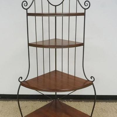 1237	IRON AND WOOD CORNER BAKERS STYLE SHELF, APPROXIMATELY 38 IN X 24 IN X 79 IN H

