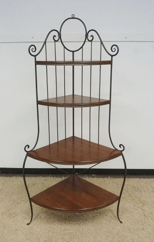 Sale Photo Thumbnail #238: 1237	IRON AND WOOD CORNER BAKERS STYLE SHELF, APPROXIMATELY 38 IN X 24 IN X 79 IN H
