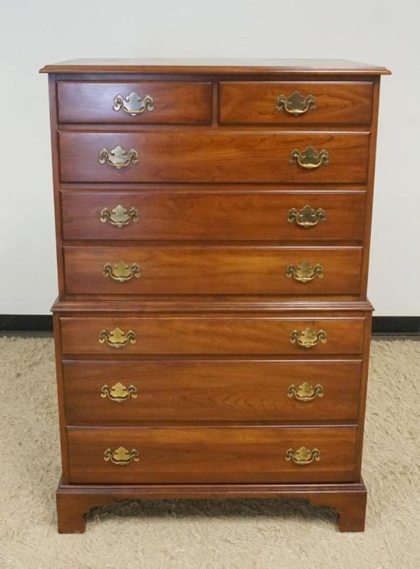 Sale Photo Thumbnail #273: 1272	HENKEL HARRIS VIRGINIA GALLERIES SOLID BLACK CHERRY HIGH CHEST, 8 DRAWERS, APPROXIMATELY 38 IN X 22 IN X 56 IN H
