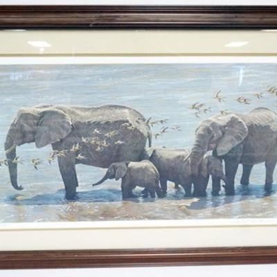 1130	ROBERT BATEMAN *ELEPHANT HERD AND SAND GROUSE*, FRAMED AND MATTED, PENCIL SIGNED AND NO. 838/950, APPROXIMATELY 38 IN X 25 IN OVERALL
